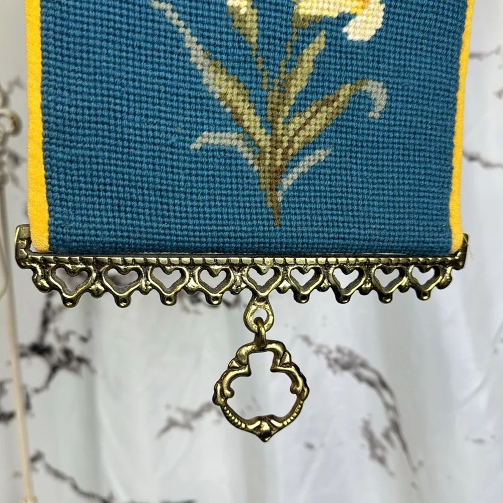 Vintage Petit Point Bell Pull Needle Point Velvet Backed Birds & Flowers Design